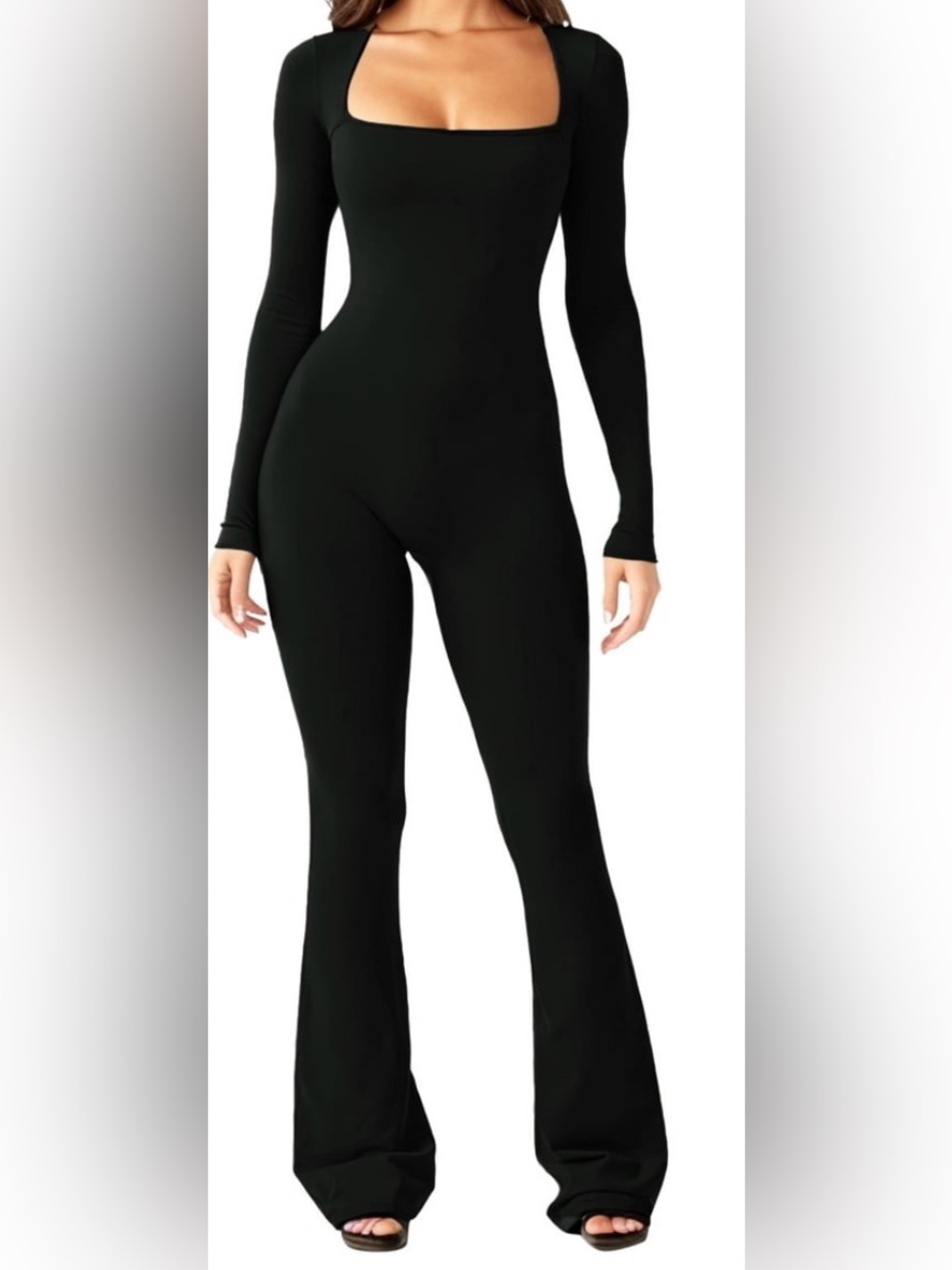 QINSEN size SMALL*, BLACK, Square-Neck Long-Sleeve Flare Jumpsuit